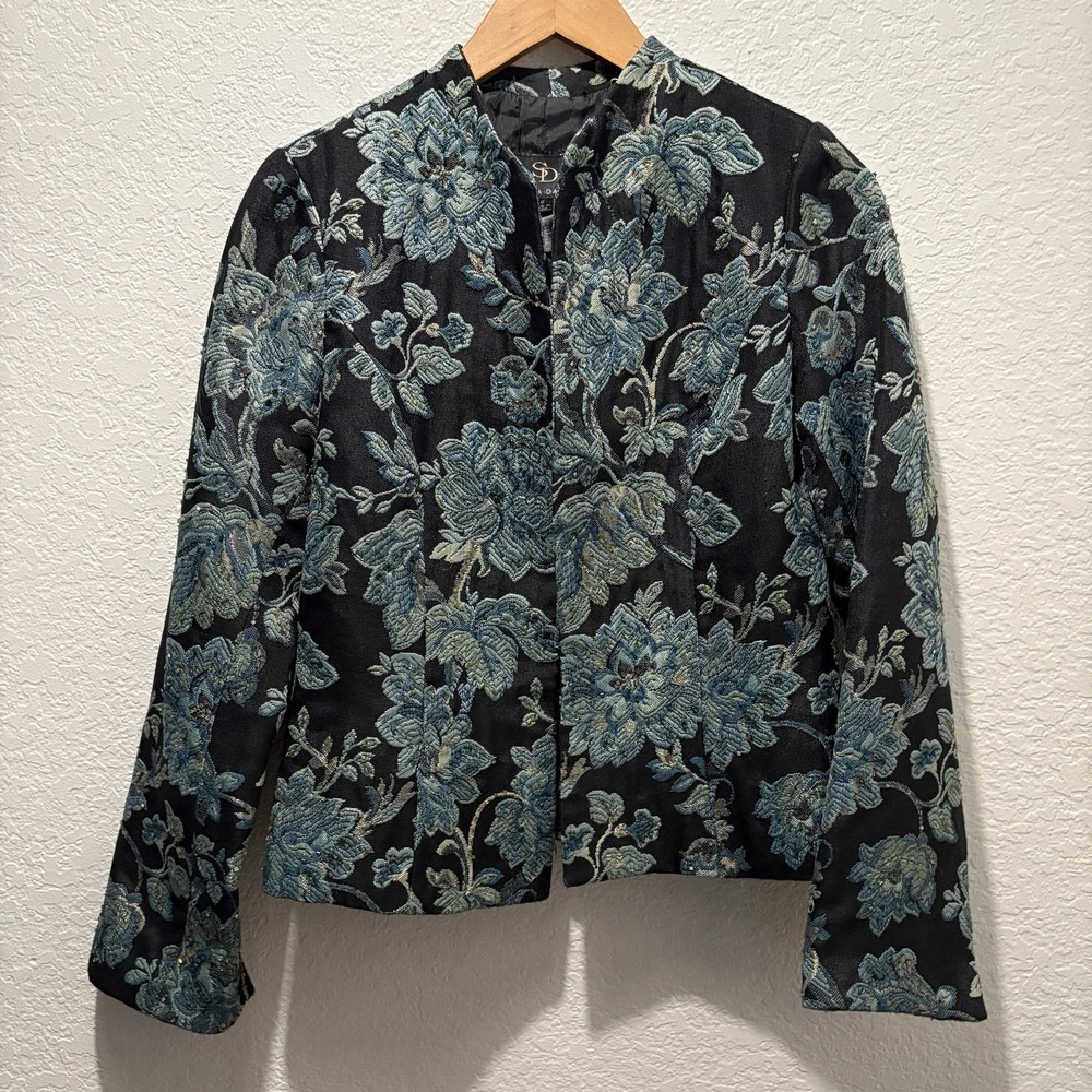 Sandra Darren Floral Sequined Open Jacket Size 6 Black Blue Floral STUNNING!